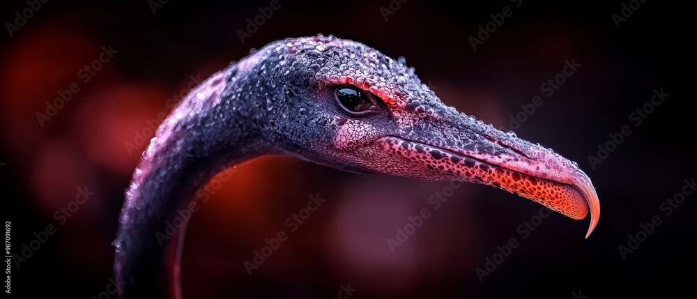 Poster  A tight shot of a bird's head against a backdrop of a red light, surrounded by a soft, blurred background