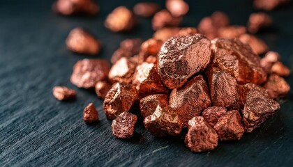 Close-up of Raw Copper Ore Nuggets Shimmering in Natural Light, Showcasing Metallic Luster and Rough Texture, Against a Dark, Contrasting Stone Background