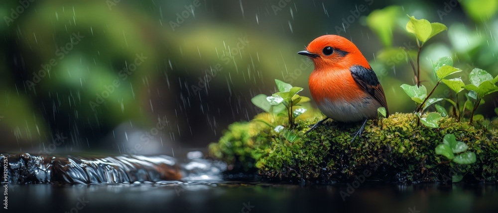 Poster  A red-and-black bird perches on a mossy branch amidst the rain A green plant dominates the foreground