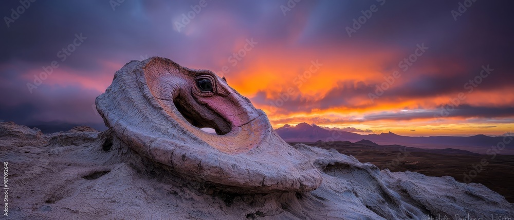 Canvas Prints  A large rock, crowned with an expansive maw, sits atop a hill as the sun sets, casting long shadows The sky above is awash with clouds (43