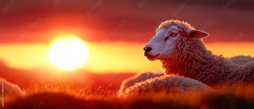 Sticker  A tight shot of a sheep in a field, sun sinking behind, clouded sky above