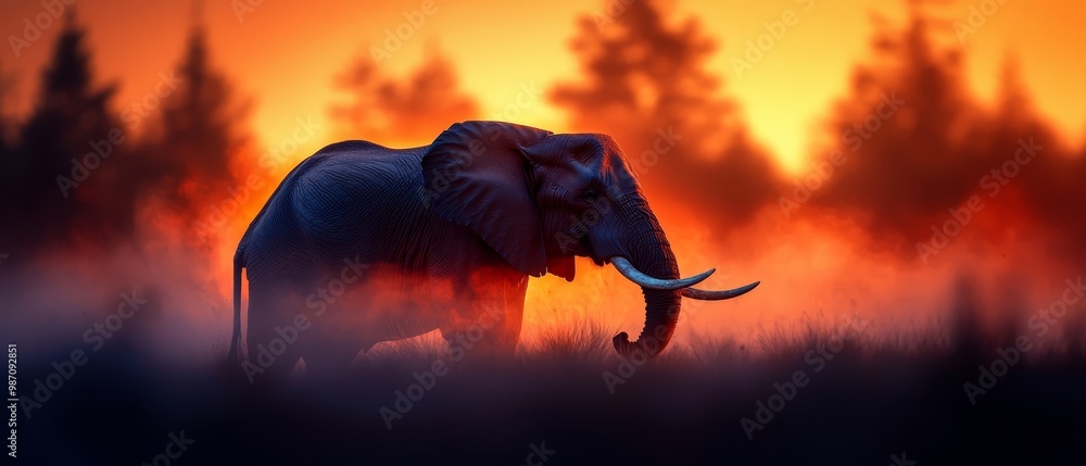 Canvas Prints  An elephant stands in a field, surrounded by trees, as the sun sets in the distance