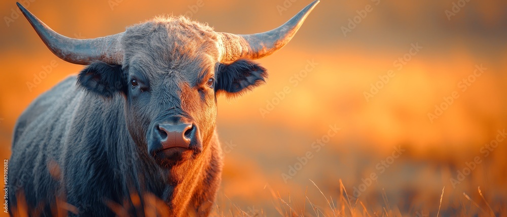 Sticker  A tight shot of a bull in a field of towering grass, bathed in sunlight as it illuminates the animal's face