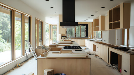 large modern kitchen construction renovation wooden cabinets countertops natural light ongoing work construct renovate demolish demolition luxury house home progress dining interior design