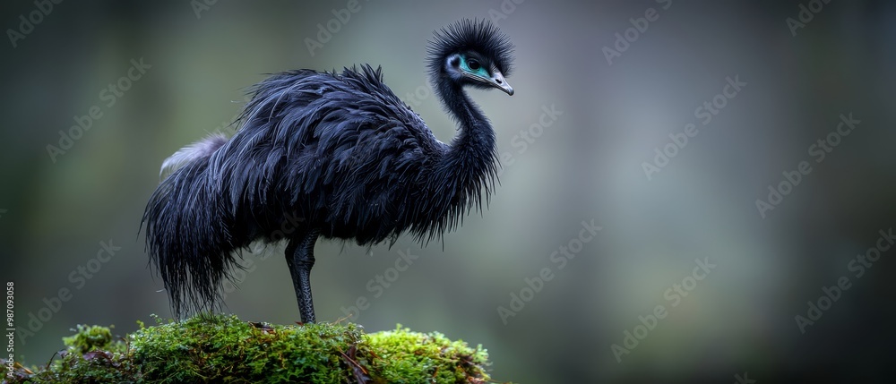 Canvas Prints  A black bird perches atop a moss-covered rock, adorned with lichen and mossy growths