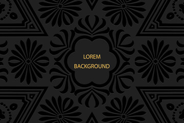 Black lorem background, tribal cover design, banner. Geometric vintage 3D pattern, embossing, place for text. Ethnic ornaments, arabesques, mandala of the East, Asia, India, Mexico, Aztec, Peru.