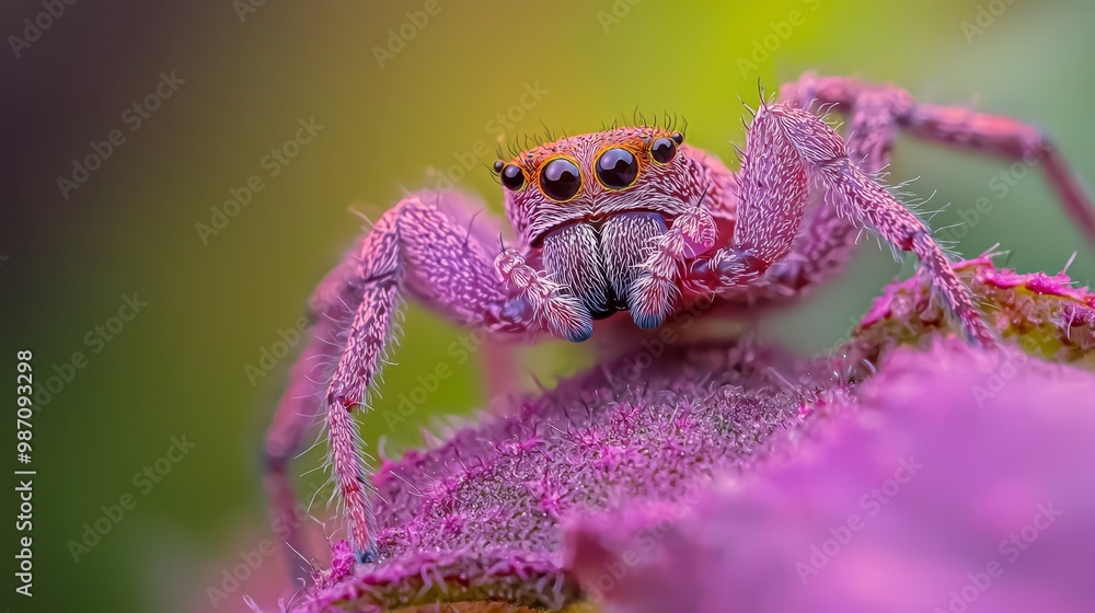 Wall mural a detailed view of a pink spider atop a purple flower against a vaguely defined background, dominate