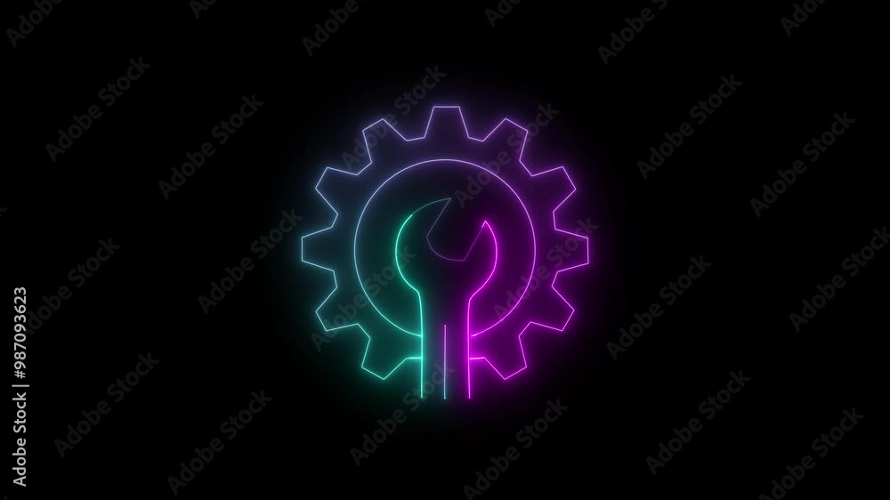 Poster glowing neon line setting icon with spinning gears icon animated. technology setting icon concept