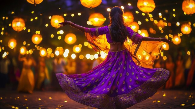 Diwali festival bacground, high detail of india suit which indian girl wear suit to join diwali festival on the road. She are drancing