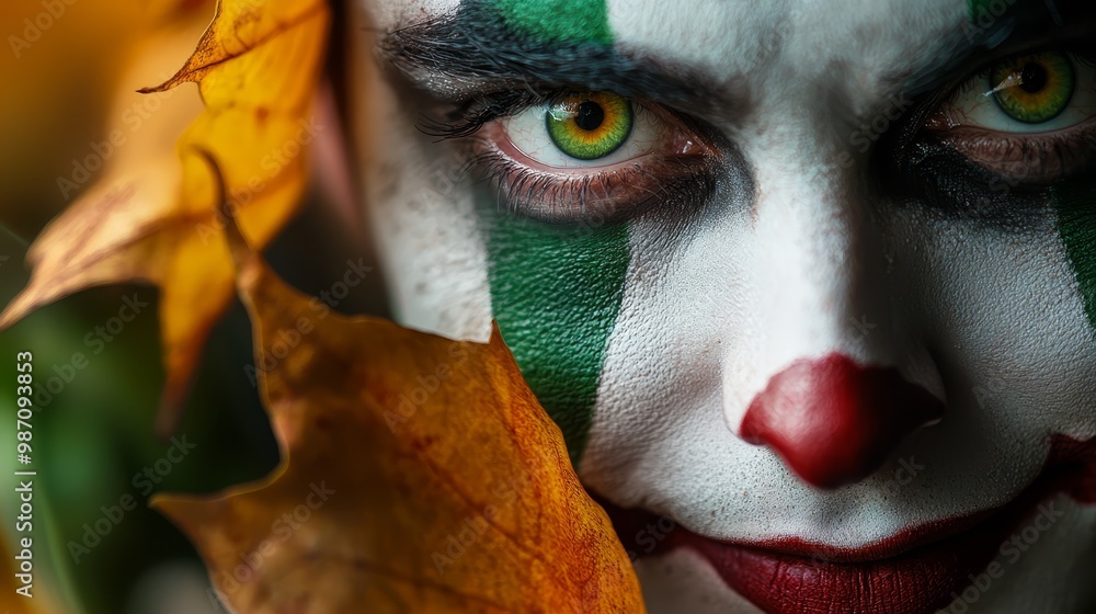 Sticker  A tight shot of a clown's painted face - green and white hues predominate - a leaf hovering in the foreground