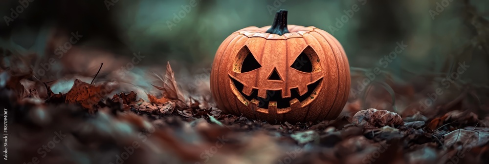 Wall mural  A jack-o-lantern carved from pumpkin, perched atop a forest floor blanketed by fallen leaves