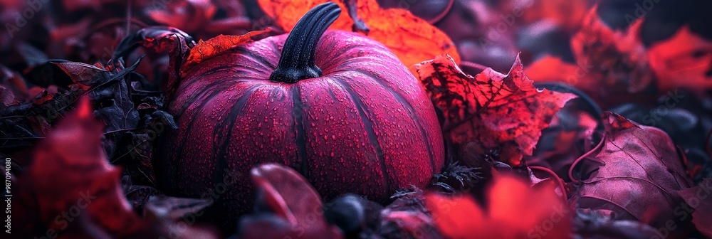 Wall mural  A tight shot of a pumpkin amidst an expanse of autumn leaves Red light illuminates the pumpkin from above