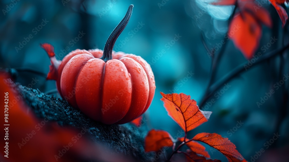 Poster  A small pumpkin perched on a leafy tree branch, adorned with red leaves