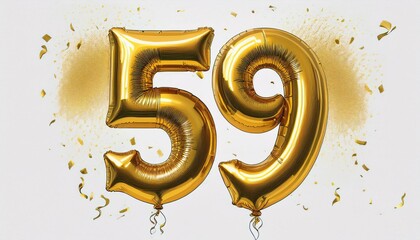 Gold birthday / anniversary balloon, number 59, white background with confetti