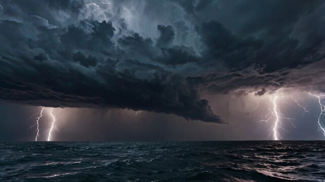 A powerful storm rolling in over the ocean, with dark clouds forming above and lightning striking the water&rsquo;s surface, creating a dramatic and intense seascape 