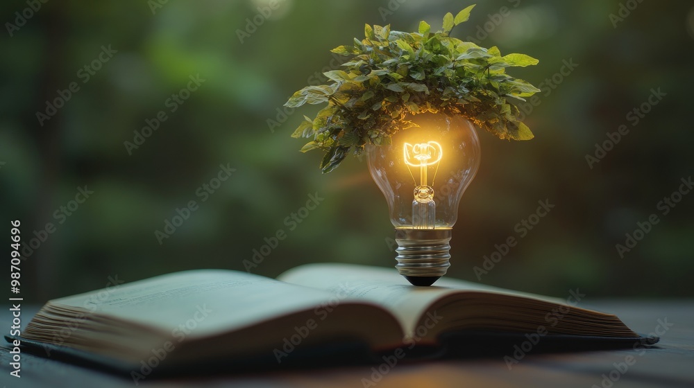 Poster book with light bulb and growing tree. symbol of knowledge