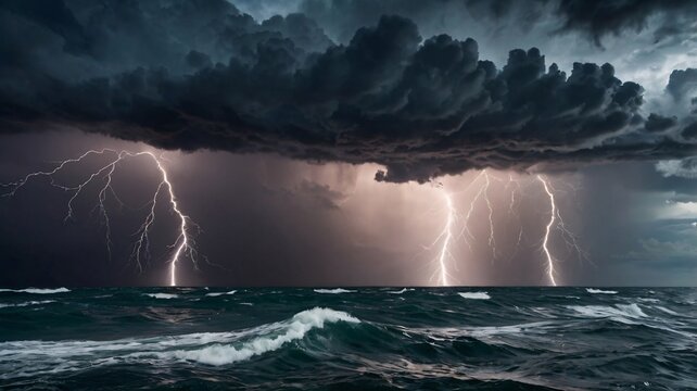 A powerful storm rolling in over the ocean, with dark clouds forming above and lightning 