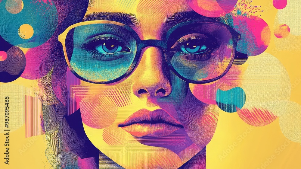 Poster dynamic illustration with sharp contrasts in a triadic color palette, creating balanced, eye-catchin