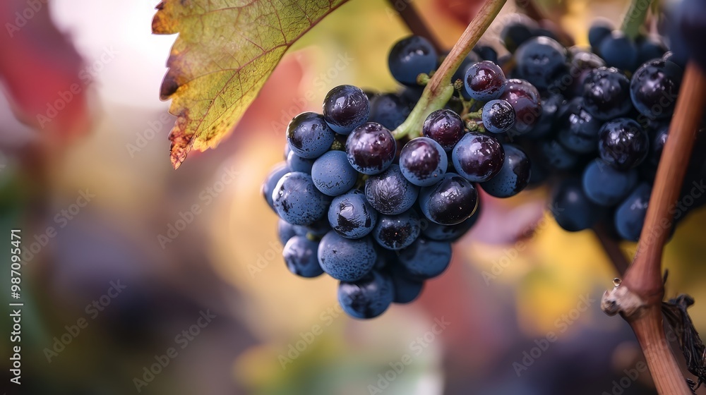 Poster  A tight shot of grapes bunched on a vine, with a leaf adjacent on the other side of the branch