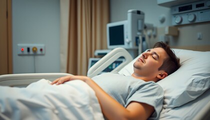 Obraz premium A Man Sleeping In a Hospital Bed With Medical Equipment in the Background