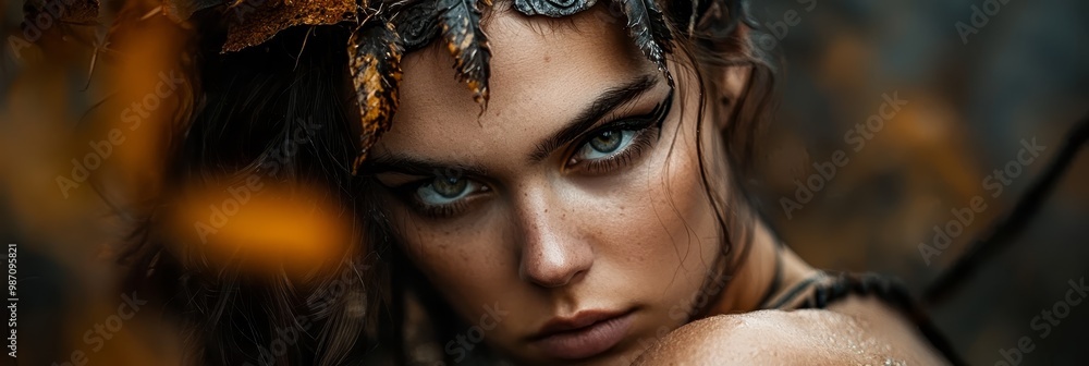 Poster  A tight shot of a woman with blue eyes and feathered headdress; her hair billows in the wind