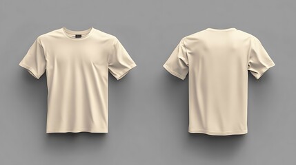 Fototapeta premium A plain beige t-shirt displayed from the front and back against a simple gray background.