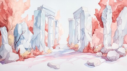 A serene landscape featuring ancient columns amidst vibrant autumn foliage, creating a tranquil and mystical atmosphere.