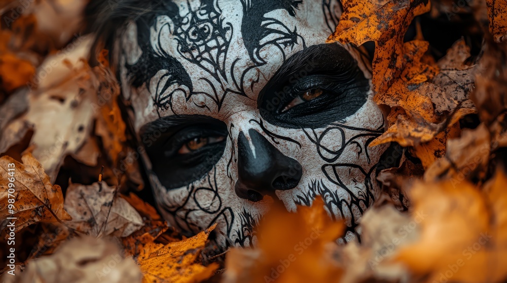 Sticker  A tight shot of an individual donning a white-and-black sugar skull mask, surrounded by fallen leaves