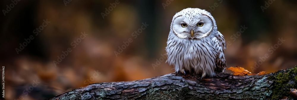 Canvas Prints  A white owl perched on a tree branch, clutching a leaf in its beak against a blurred backdrop