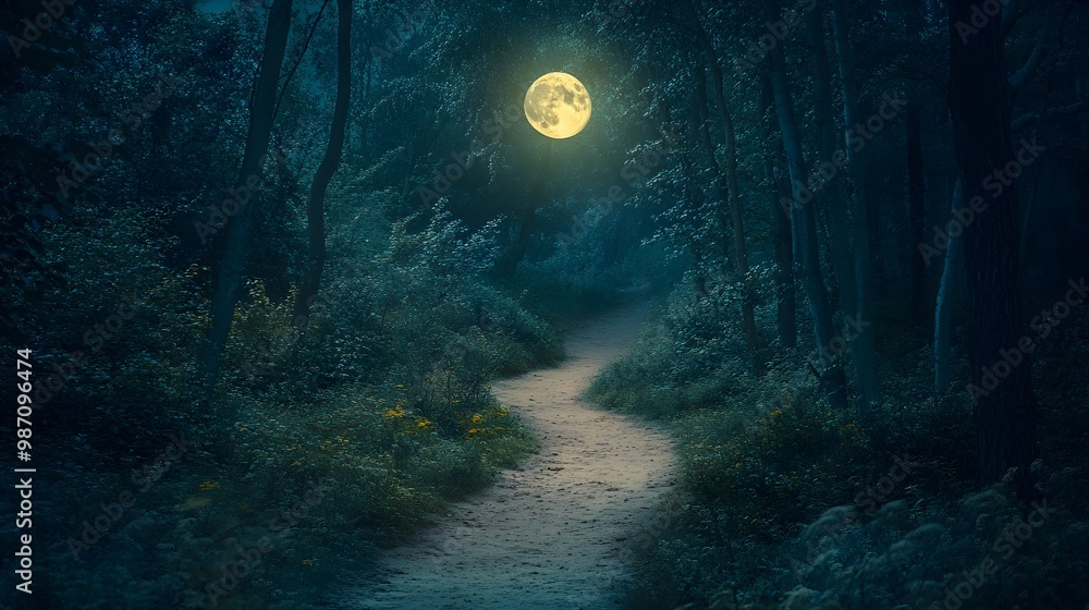 Poster serene moonlit forest path winding into the unknown evoking a sense of aimlessness and introspective