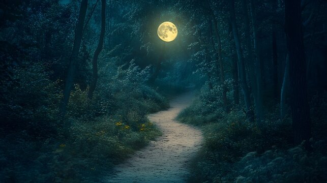 Serene moonlit forest path winding into the unknown evoking a sense of aimlessness and introspective journey through life s uncertainties  The ethereal