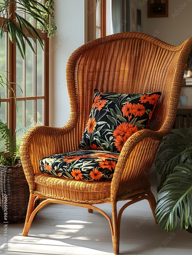 Poster sophisticated 3d rendering of a wicker armchair with a comfortable cushion isolated against a clean 