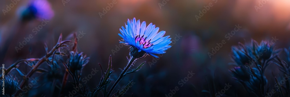 Poster  A tight shot of a blue bloom amidst a sea of grass, framed by sunlight filtering through drifting clouds