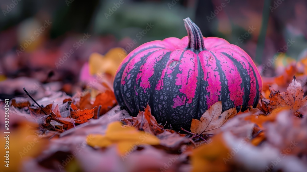 Poster  A pink-and-black striped pumpkin atop a stack of orange and yellow leafy piles in a field