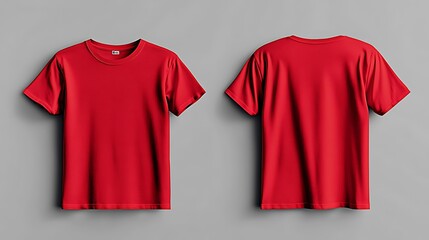A front and back view of a plain red t-shirt displayed against a neutral background, showcasing its simple design and vibrant color.