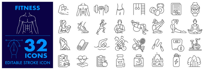 Fitness Editable Stroke icon set, Lifestyle, Cardio, Exercise, Meditate, training, yoga, workout, slim body, gymnastic, Fitness Program, Cardio, Vector illustration icon set.