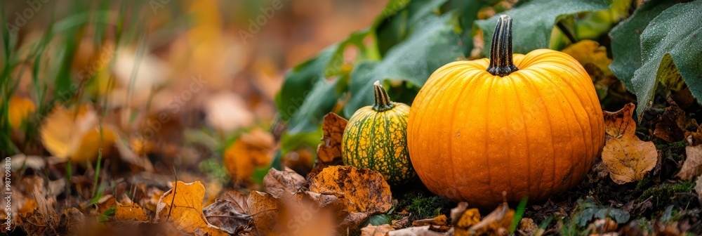 Sticker  A few pumpkins atop a mound of leaves in a field, their vibrant orange hues contrasting against the green grass