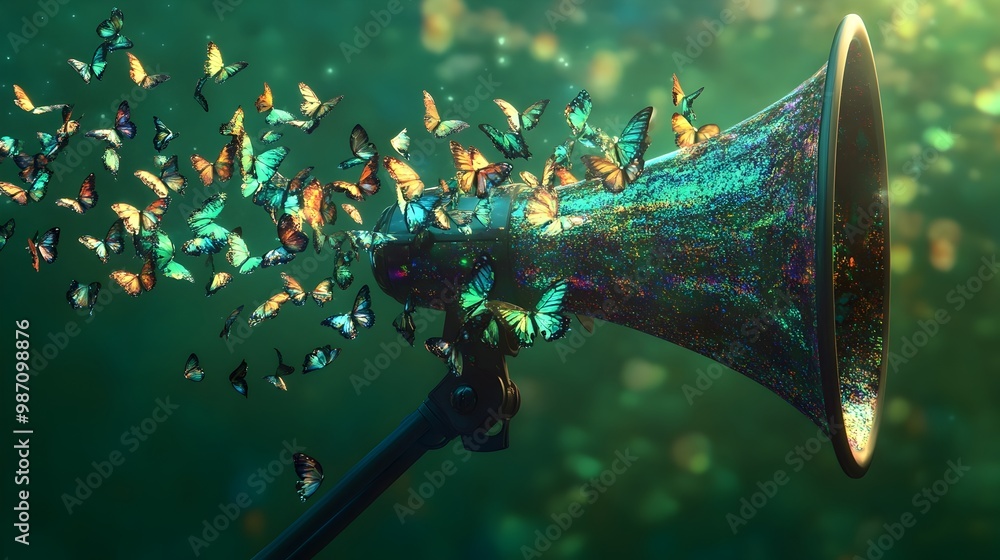 Aufkleber stunning 3d depicts a megaphone or loudspeaker covered with shimmering iridescent butterfly wings se