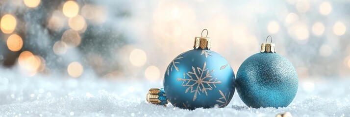 Fototapeta premium Blue Christmas baubles with sparkling lights nestled in snow, perfect for festive season wallpapers.