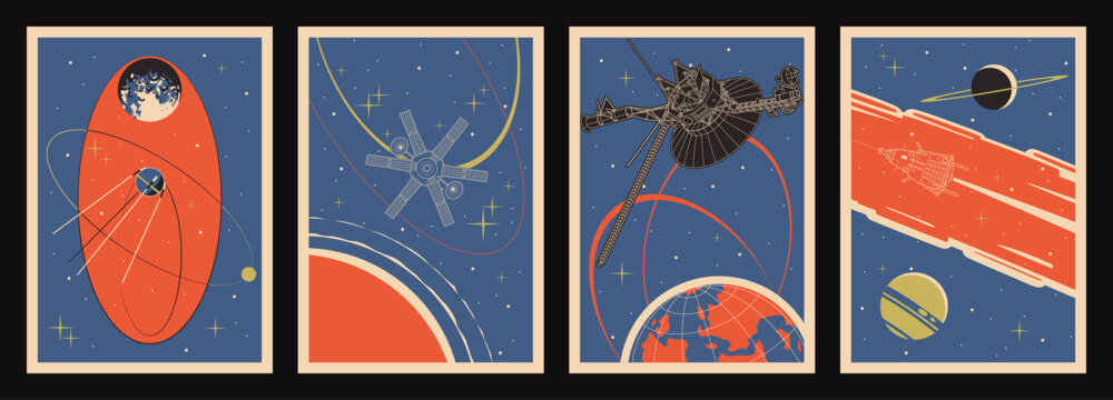 Retro Space Background, Vector Template for Cosmic Illustrations, Covers, Posters. Spacecrafts, Probes, Moon, Asteroids, Orbits, Stars. 1950s -- 1960s Space Placards Style and Colors