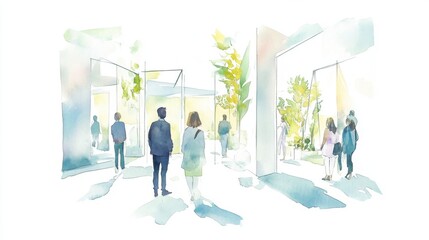 Obraz premium A serene urban scene depicting people walking in a light-filled space surrounded by greenery and modern architecture.