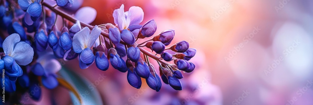 Poster  A tight shot of a purplestone branch teeming with purple blossoms against a softly blurred backdrop of pink and blue blooms