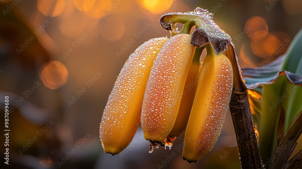 Sticker  A tight shot of bananas, their surfaces dotted with water beads, background softly blurred