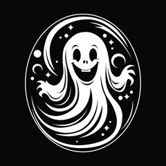 simple black and white monochrome cute ghost logo for Halloween sticker purposes