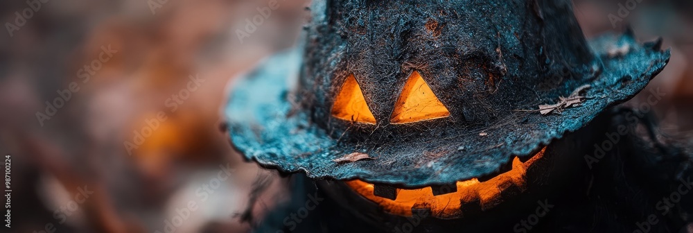 Poster  A tight shot of a Halloween pumpkin donned with a witch's hat, its face illuminated by a glowing light