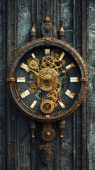 A clock with gears and a face is shown in a black and gold color scheme