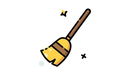 Animated Yellow broom with brown handle, sparkling bristles, ideal for cleaning and sweeping tasks. Perfect for household products, cleaning services, and home improvement concepts.