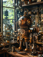 Fototapeta premium A robot is standing in a room with many clocks and other mechanical objects