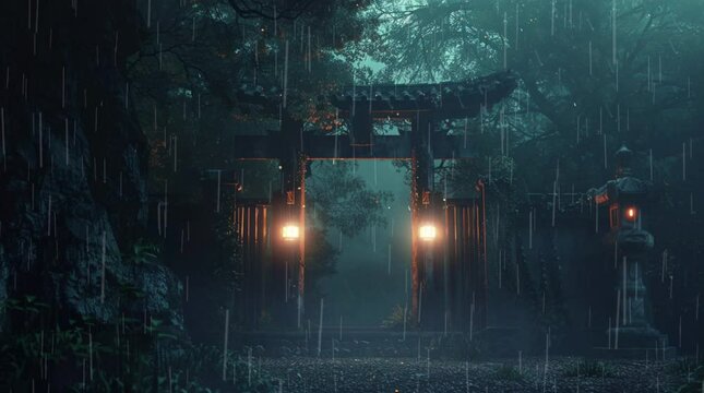 A mesmerizing glowing gate nestled within a lush rainforest landscape, illuminated by enchanting light amidst the vibrant greenery
 Seamless looping 4k time-lapse virtual video animation Generated AI