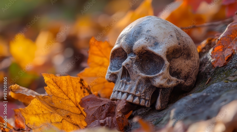 Sticker  A skull statue atop a rock, near a mound of leaves, and a tree trunk shrouded in leaves